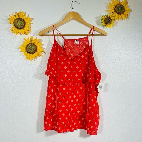 Old Navy NWT Red Geometric Tassle Spaghetti Strap Blouse Size XL Women’s - Picture 1 of 7